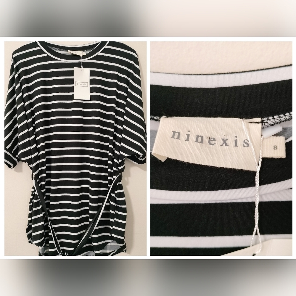 Ninexis Size Small Black White Striped Tunic Top Tie Waist Short Sleeves NWT